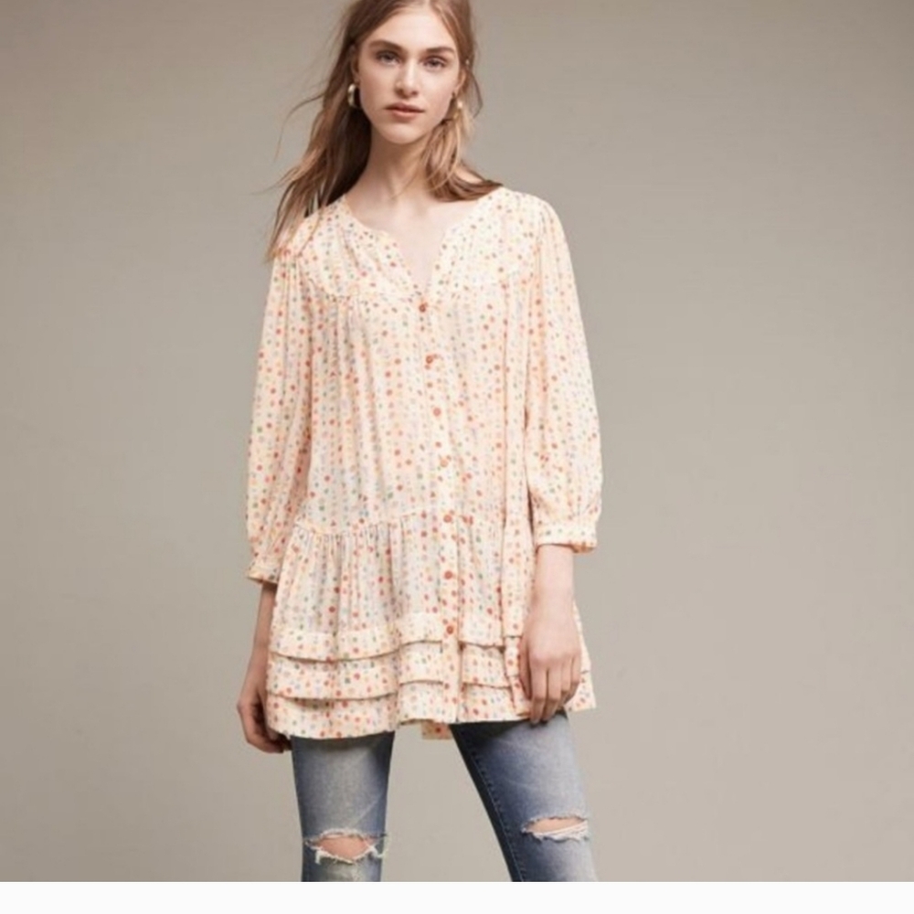 ANTHROPOLOGIE  Mave Paccia Buttondown Geometric Ruffle Tunic